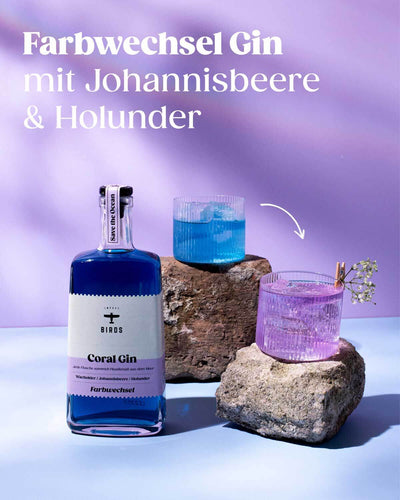 Der Farbwechsel Gin von BIRDS , inspiriert von den farbenfrohen Korallenriffen. Er wechselt mit Tonic seine Farbe von blau zu lila und schafft somit ein mystisches Drink-Erlebnis. Mit den Botanicals Johannisbeere und Holunder ist er zudem erfrischend fruchtig. 