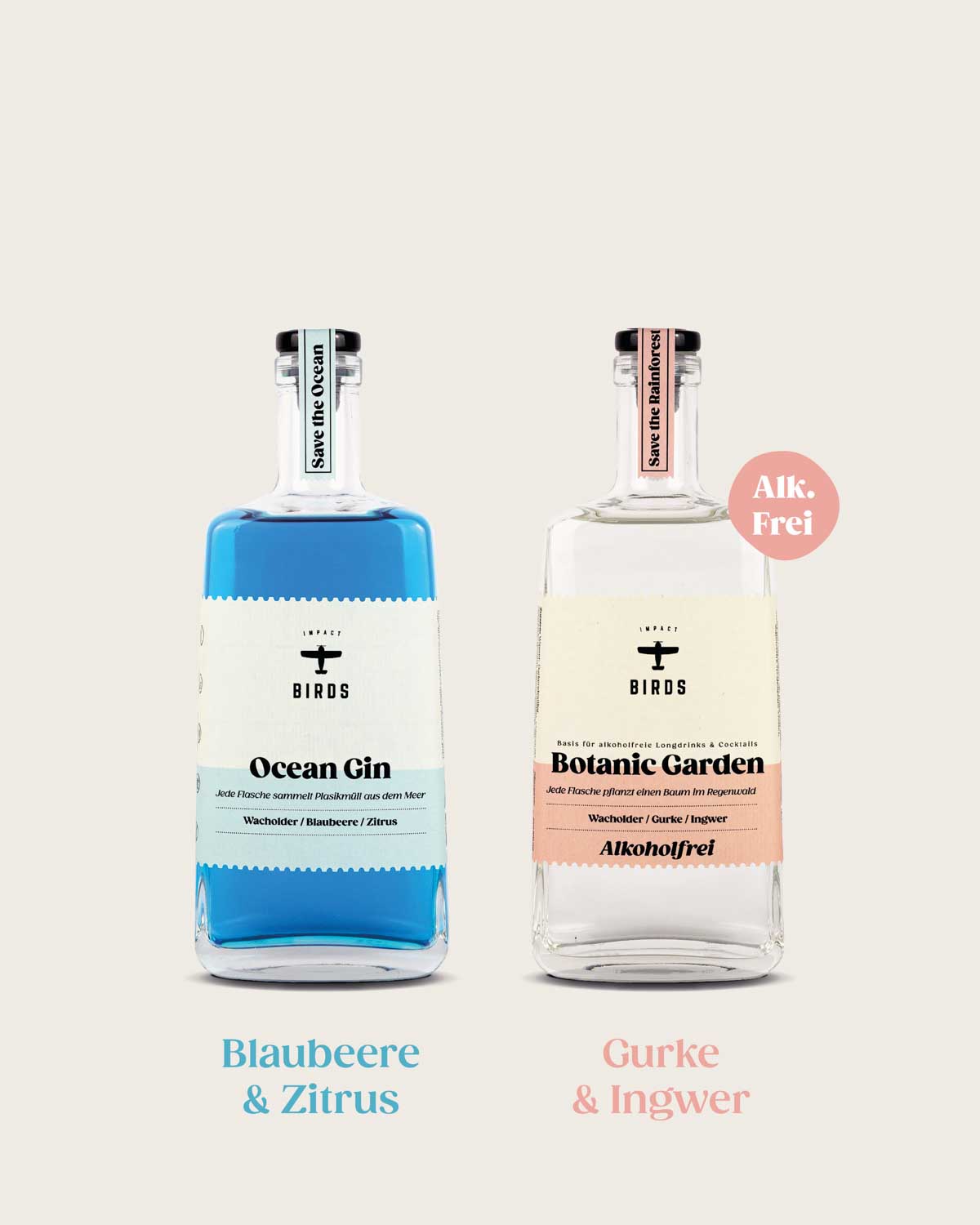 Der Ocean Gin und der alkoholfreie Botanic Garden im Doppelpack als Probierpaket. Der Ocean Gin schmeckt nach Blaubeere und Zitrus. Botanic Garden beinhaltet die Botanicals Gurke und Ingwer.