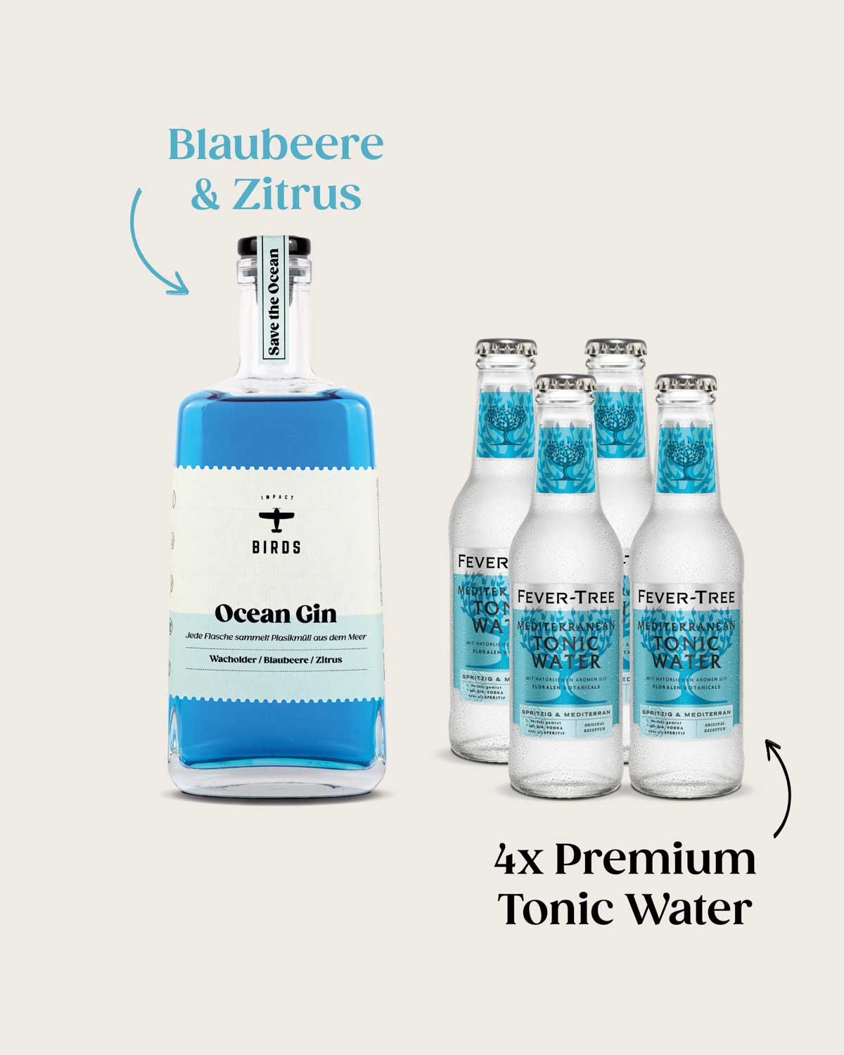 Der Ocean Gin im Starter Pack. Eine Flasche Ocean Gin mit Blaubeere und Zitrus Geschmack und viermal Premium Tonic Water.