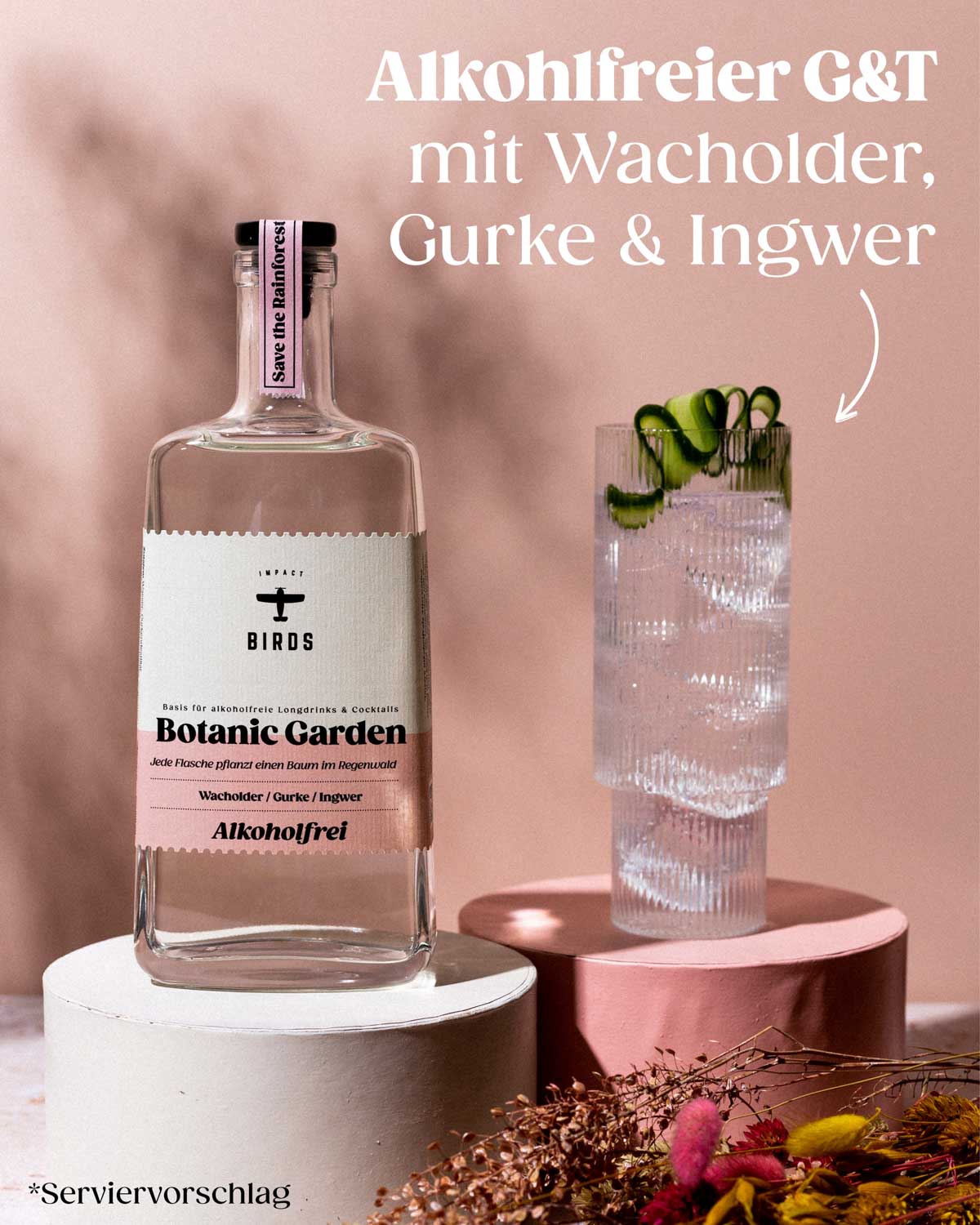 Das alkoholfreie G&T Set super geeignet für einen alkoholfreien Botanic Garden Cocktail. Die Botanicals sind Wacholder, Gurke und Ingwer. 