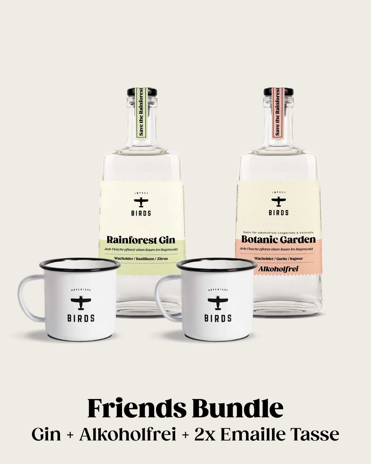 Das zweier Friends Bundle mit dem Rainforest Gin und dem alkoholfreiem Botanic Garden. Darüber hinaus gibt es zwei Camping Tasse. 