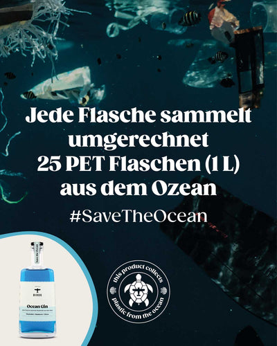 Das Bild zeigt die bedrückende Szene der Meeresverschmutzung durch Plastikmüll unter Wasser. Mit jedem Verkauf einer BIRDS Flasche werden effektiv 25 PET-Flaschen (1 Liter) aus den Ozeanen entfernt. Unser Hashtag #savetheocean steht dabei im Mittelpunkt. Dieser wichtige Beitrag wird in Zusammenarbeit mit der Organisation Plastic Free Planet geleistet.