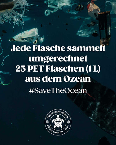 Zu sehen ist ein Unterwasser Bild von der Meeresverschmutzung durch Plastikmüll. Jede verkaufte BIRDS Flasche sammelt umgerechnet 25 PET Flaschen (1L) aus dem Ozean. Unser Hashtag lautet #savetheocean. Dies gelingt uns gemeinsam mit der Organisation Plastic Free Planet.  