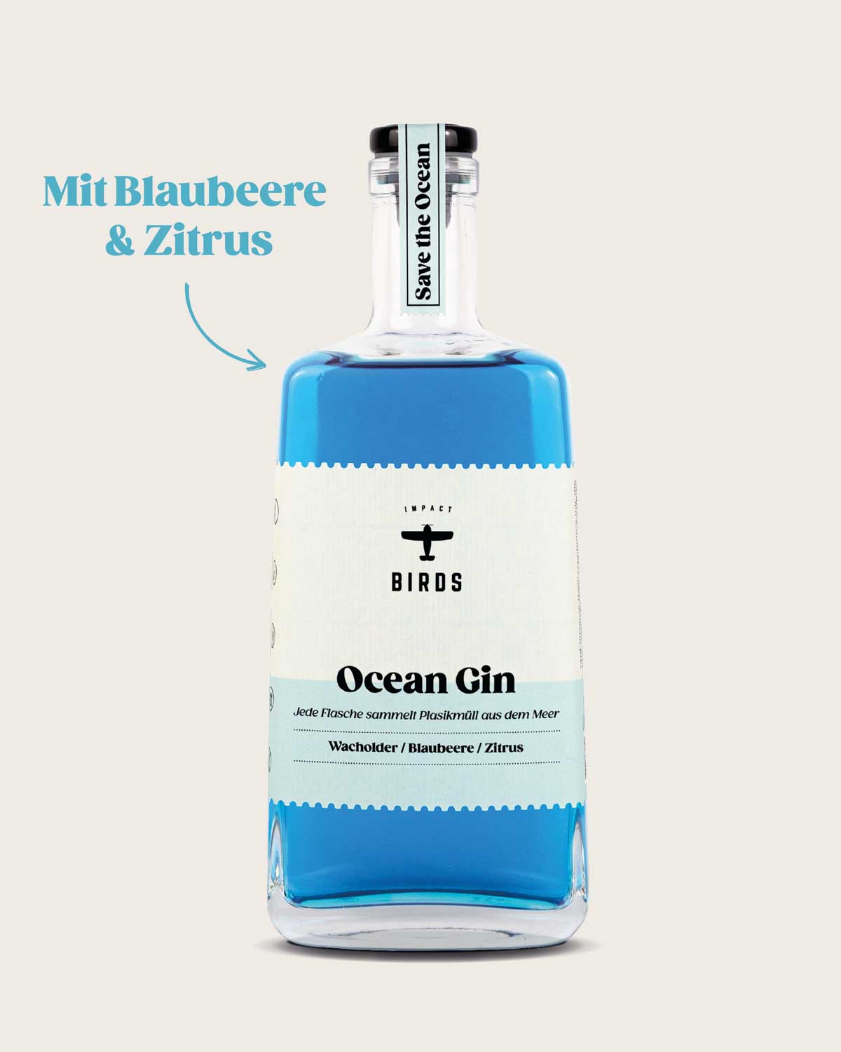 Unser blauer Ocean Gin in stylischer Glasflasche. Blaubeere und Zitrus sind die Hauptbotanicals und bilden das Dreamteam und bringen einen besonders fruchtig, erfrischenden Geschmack in diesen Gin. 