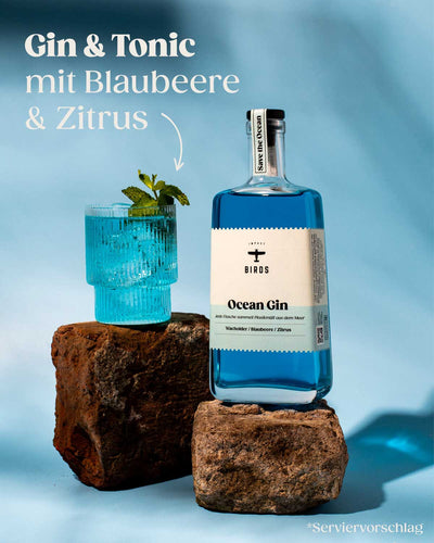 Der blaue Ocean Gin von BIRDS neben dem ozeanblauen Gin Tonic mit den Botanicals Blaubeere und Zitrus.  Der perfekte erfrischende Aperitif mit wertvollem Impact für den Meeresschutz. 