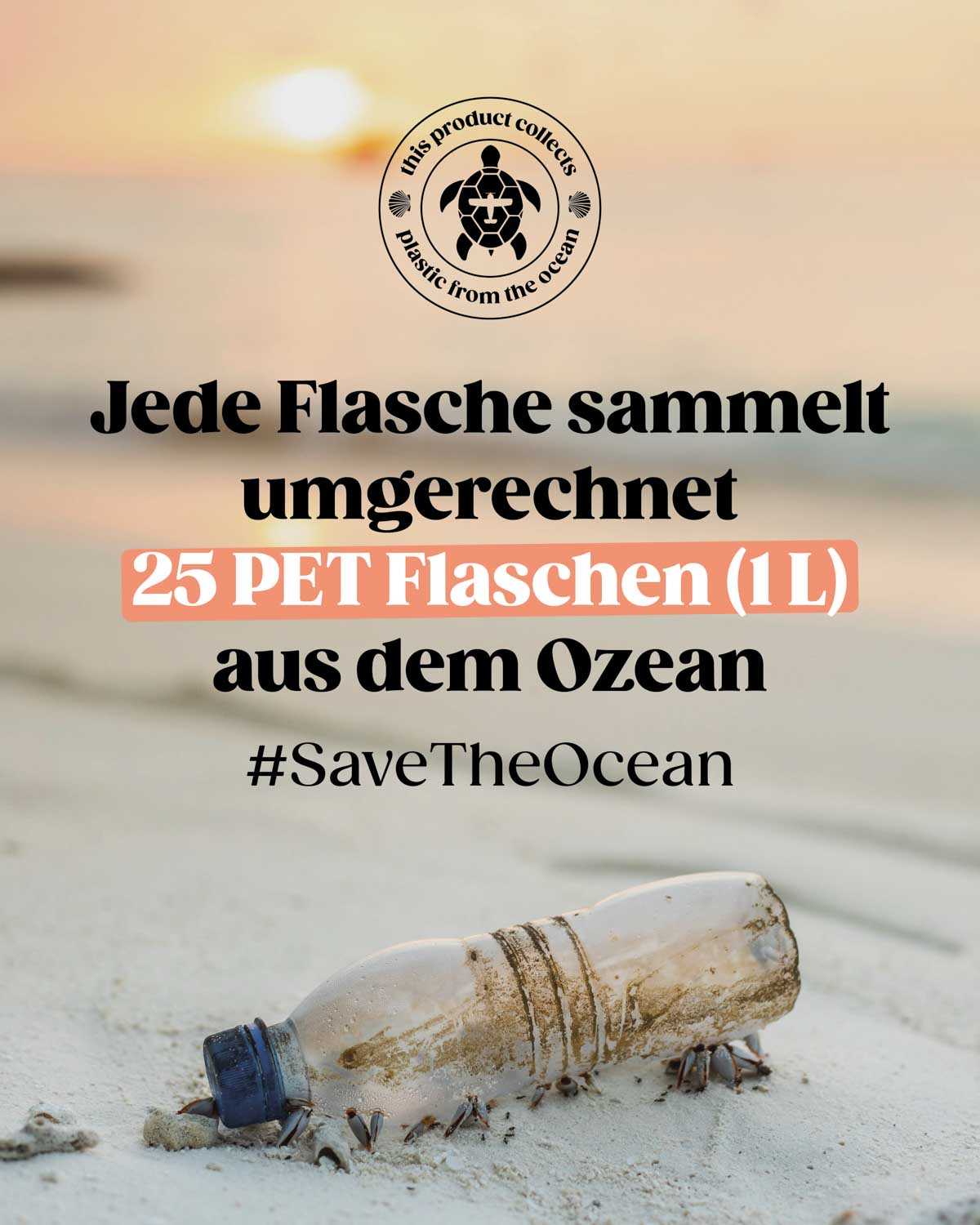 Eine angespülte Plastikflasche am Strand als Symbol der Umweltverschmutzung unserer Meere durch unseren Plastikmüll. Mit unserer Marke BIRDS arbeiten wir zusammen mit Plastic Free Planet und holen pro Flasche umgerechnet 25 PET Flaschen aus dem Ozean. 