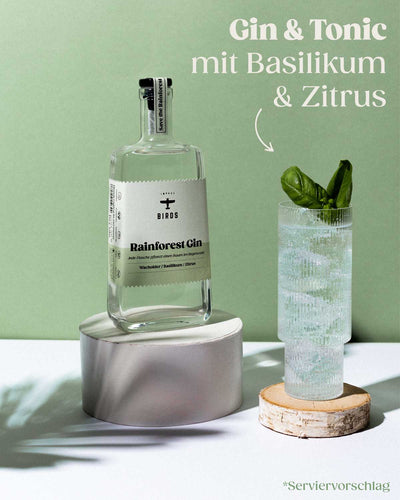 Der Rainforest Gin neben einem erfrischendem Gin & Tonic mit Basilikum als Garnitur passend zu den Botanicals des Gins. Wacholder, Basilikum, Zitrus.