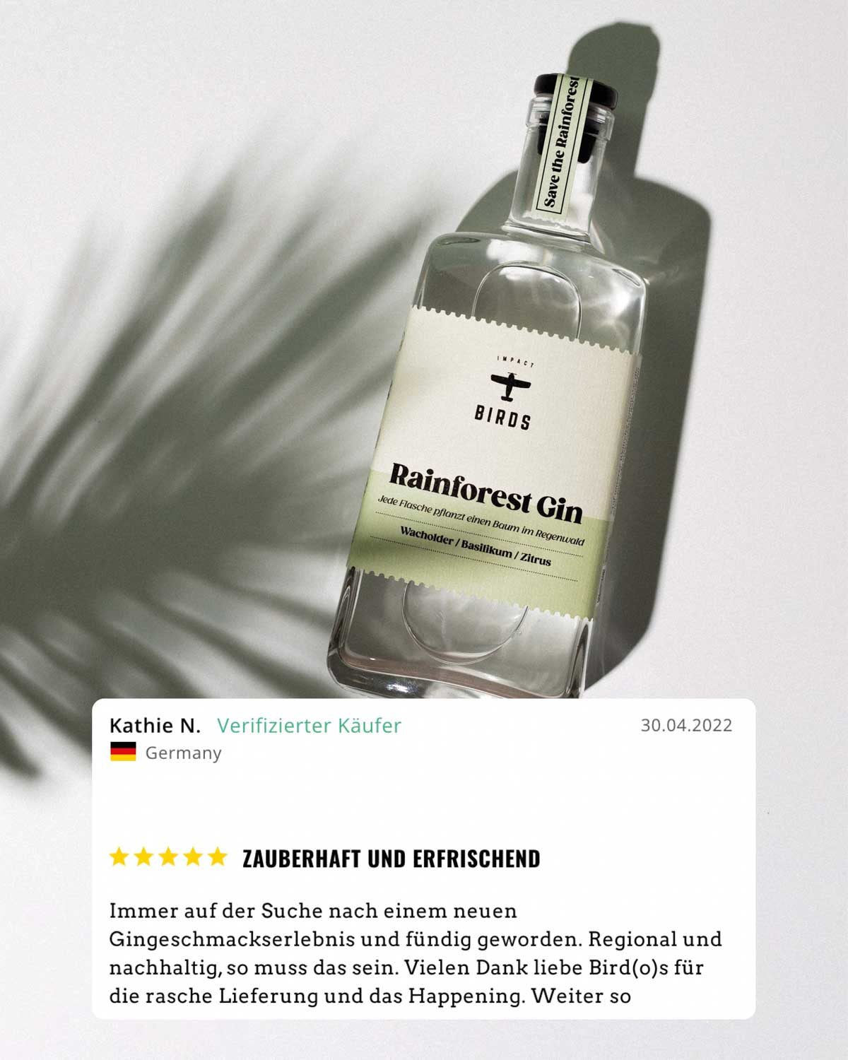Der Rainforest Gin hat eine makellose Bewertung von fünf Sternen erhalten, verfasst von einer geprüften Kundin. Sie beschreibt den Rainforest Gin als bezaubernd und erfrischend.